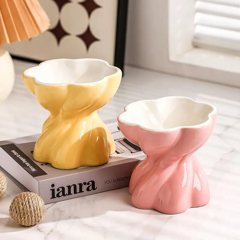 Rotating Flower Cat Bowl – Spill-Resistant, Tall Ceramic Feeder
