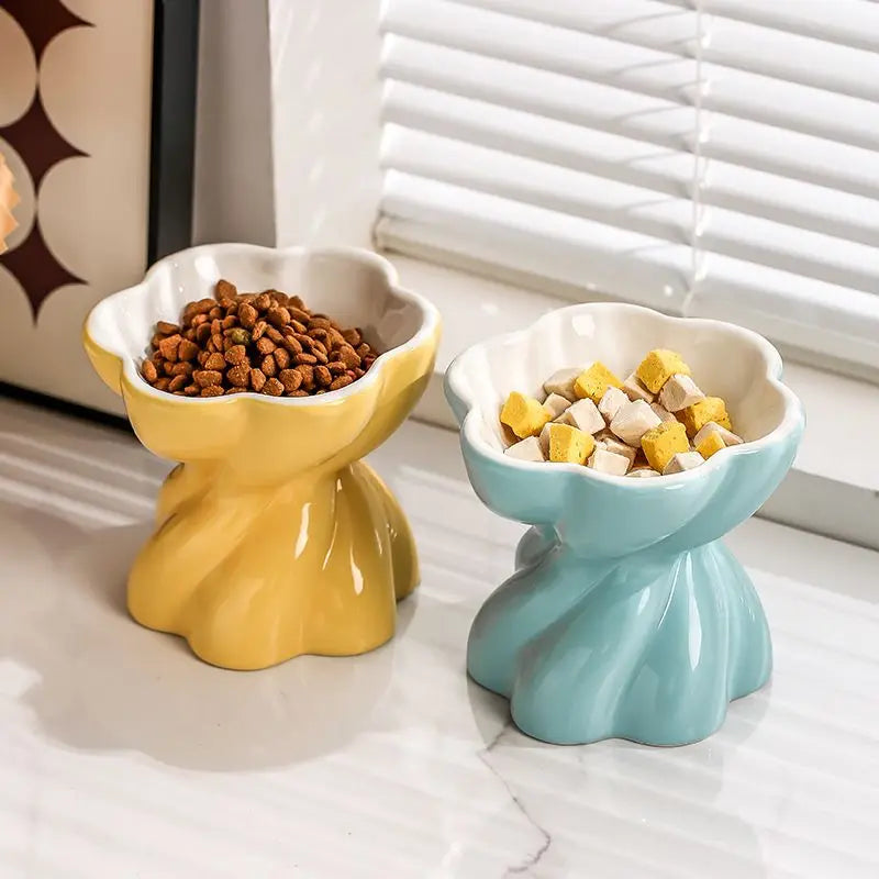 Rotating Flower Cat Bowl – Spill-Resistant, Tall Ceramic Feeder