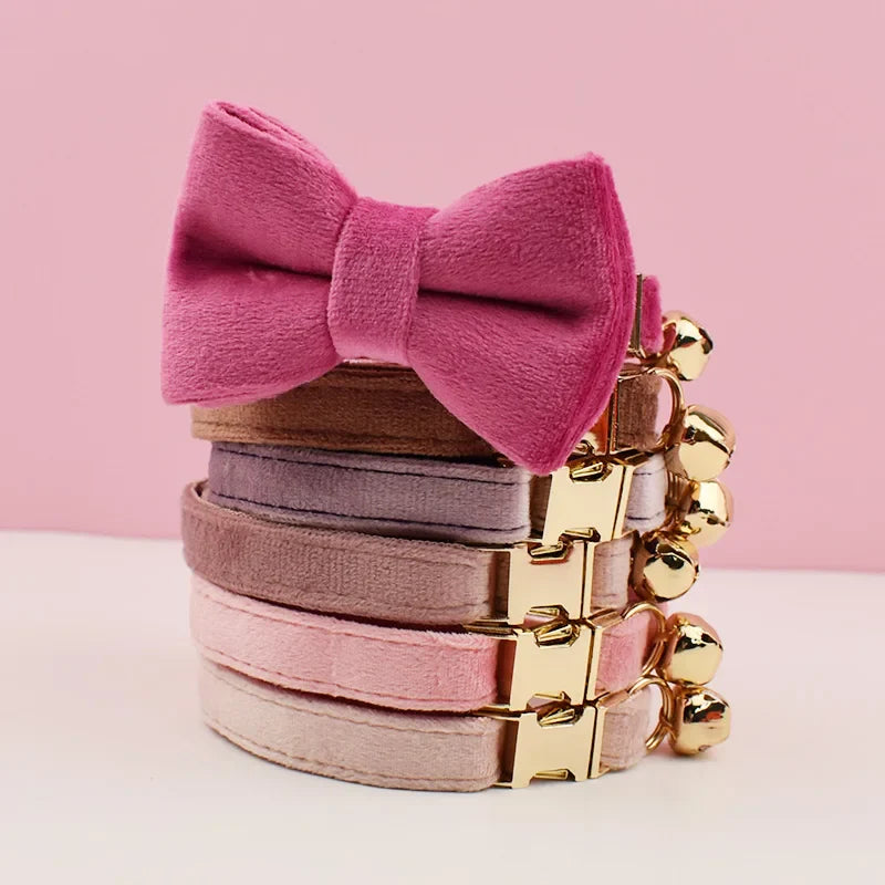 Velvet Cat Collar & Leash Set – Soft Bow Tie Collar with Bell for Cats & Small Dogs