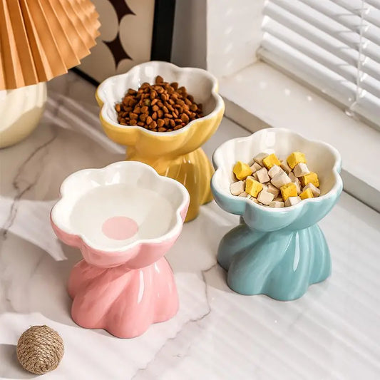 Rotating Flower Cat Bowl – Spill-Resistant, Tall Ceramic Feeder